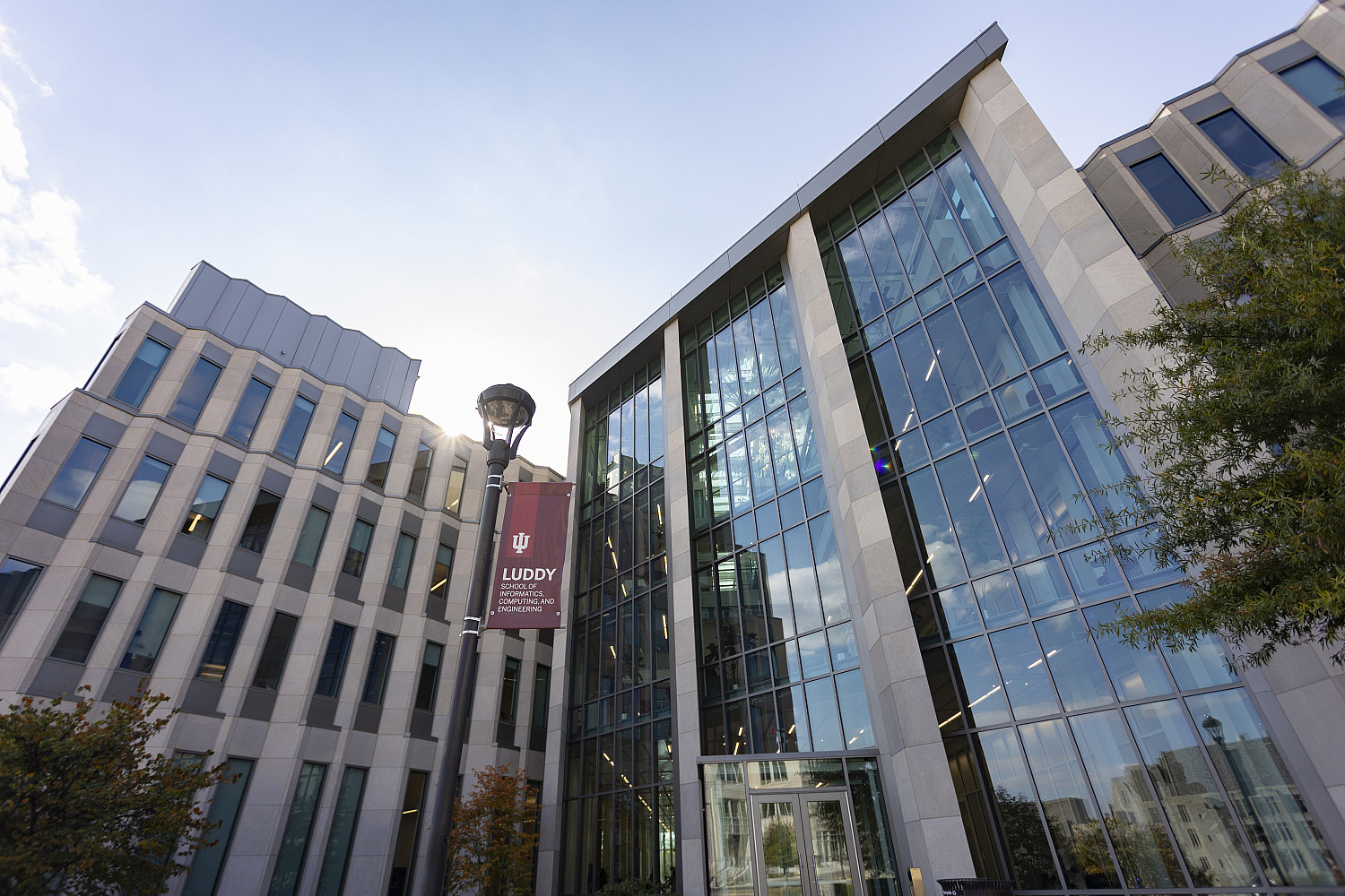 The glass-and-limestone exterior of Luddy Hall at Indiana University Bloomington